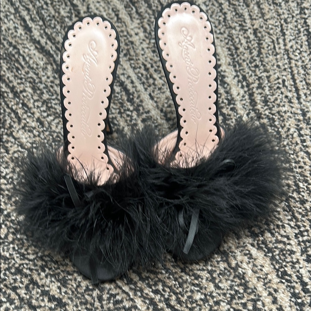 Agent Provocateur Black Satin Feathered High Heel Slippers Sz 38